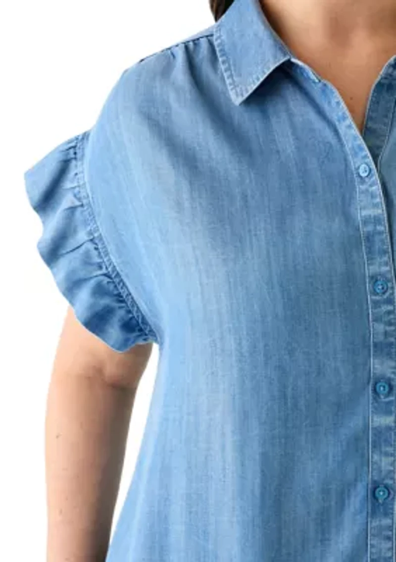 Plus Short Sleeve Chambray Peplum Dress