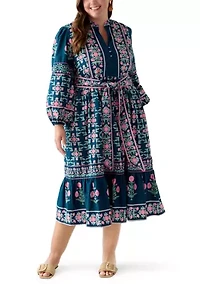 Plus  Puff Sleeve Printed Midi Dress