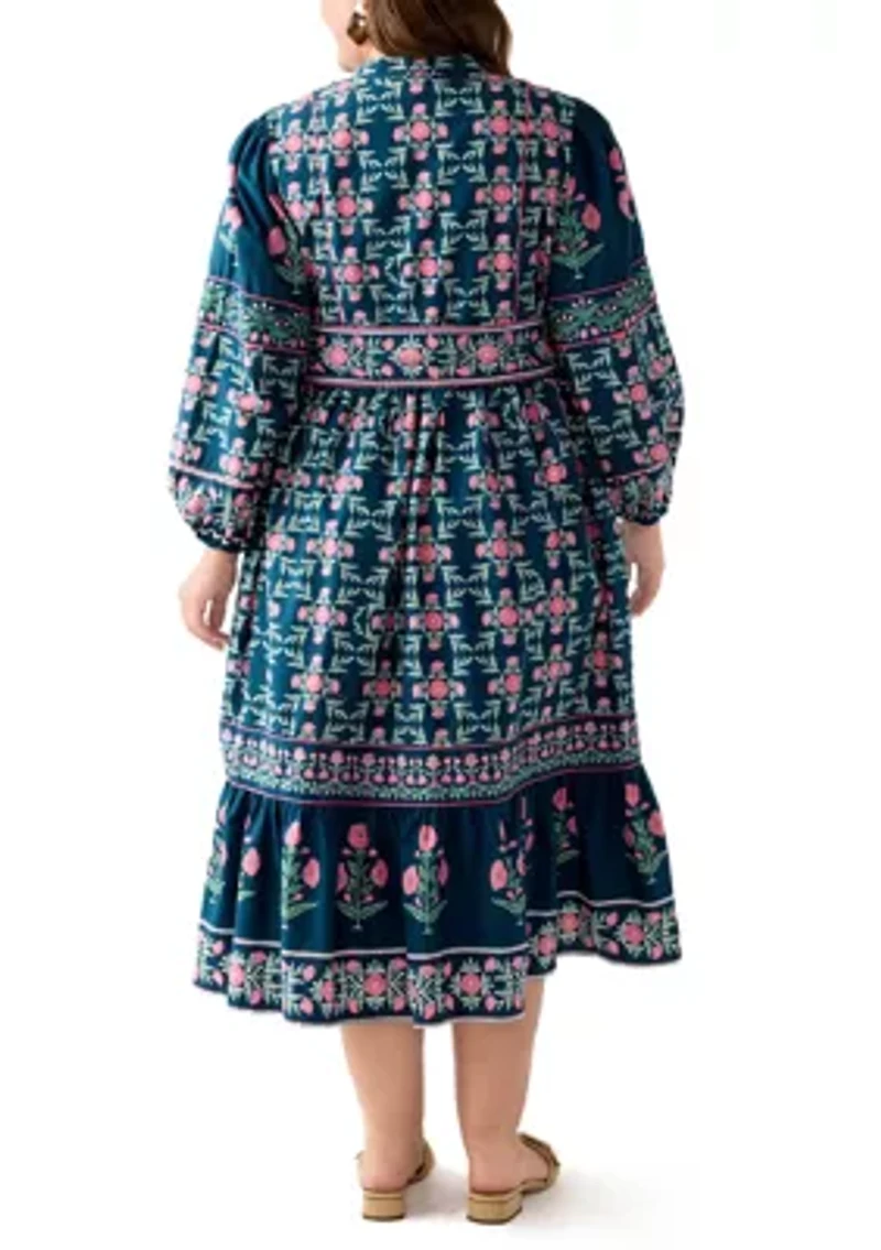 Plus  Puff Sleeve Printed Midi Dress