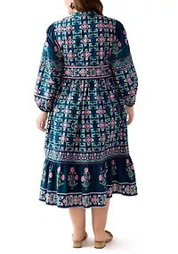 Plus  Puff Sleeve Printed Midi Dress