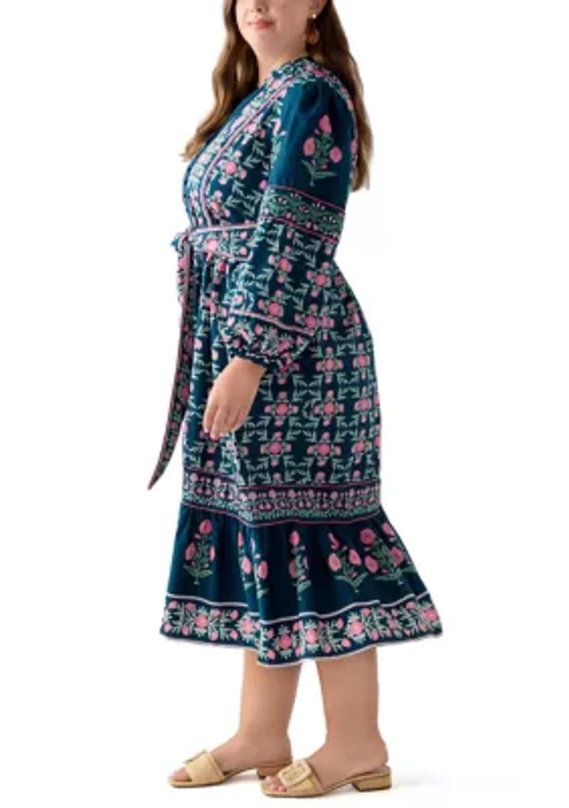 Plus  Puff Sleeve Printed Midi Dress