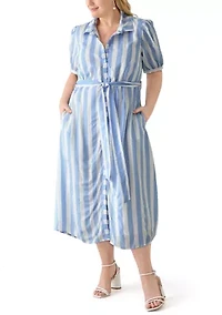 Plus Short Sleeve Yarn Dyed Belted Shirtdress
