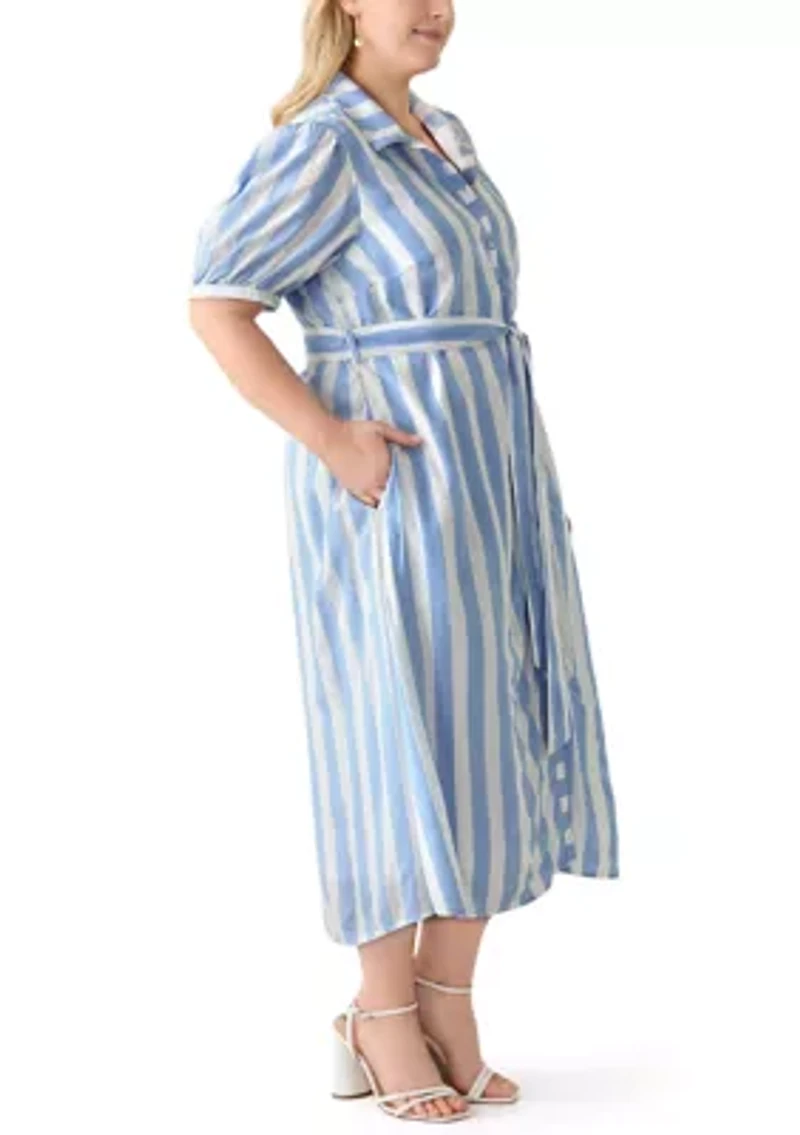 Plus Short Sleeve Yarn Dyed Belted Shirtdress