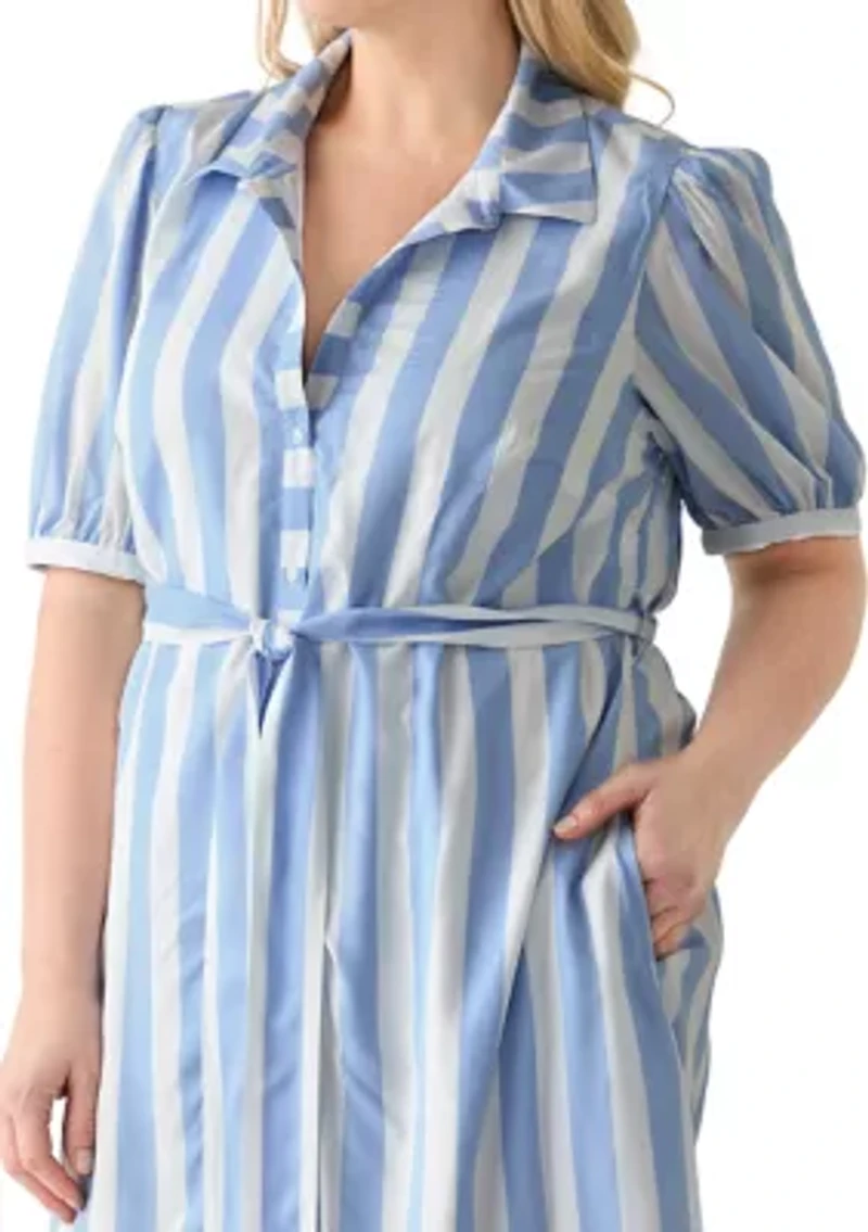 Plus Short Sleeve Yarn Dyed Belted Shirtdress