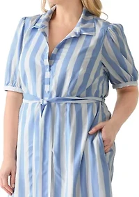 Plus Short Sleeve Yarn Dyed Belted Shirtdress