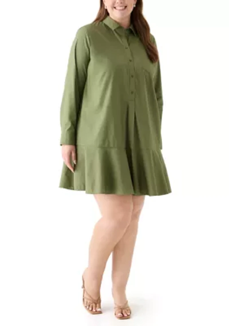 Plus Long Sleeve Collared Flounce Shirt Dress