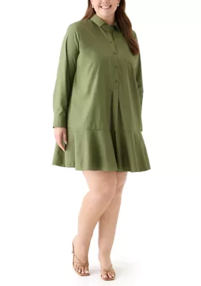 Plus Long Sleeve Collared Flounce Shirt Dress