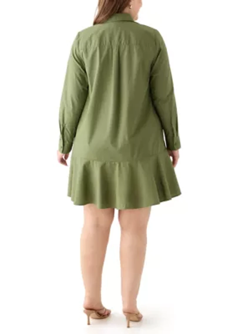 Plus Long Sleeve Collared Flounce Shirt Dress