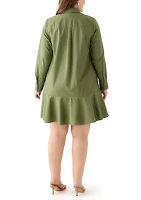 Plus Long Sleeve Collared Flounce Shirt Dress