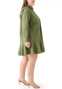 Plus Long Sleeve Collared Flounce Shirt Dress