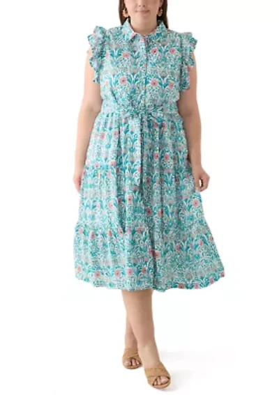 Plus Short Flutter Sleeve Printed Midi Dress