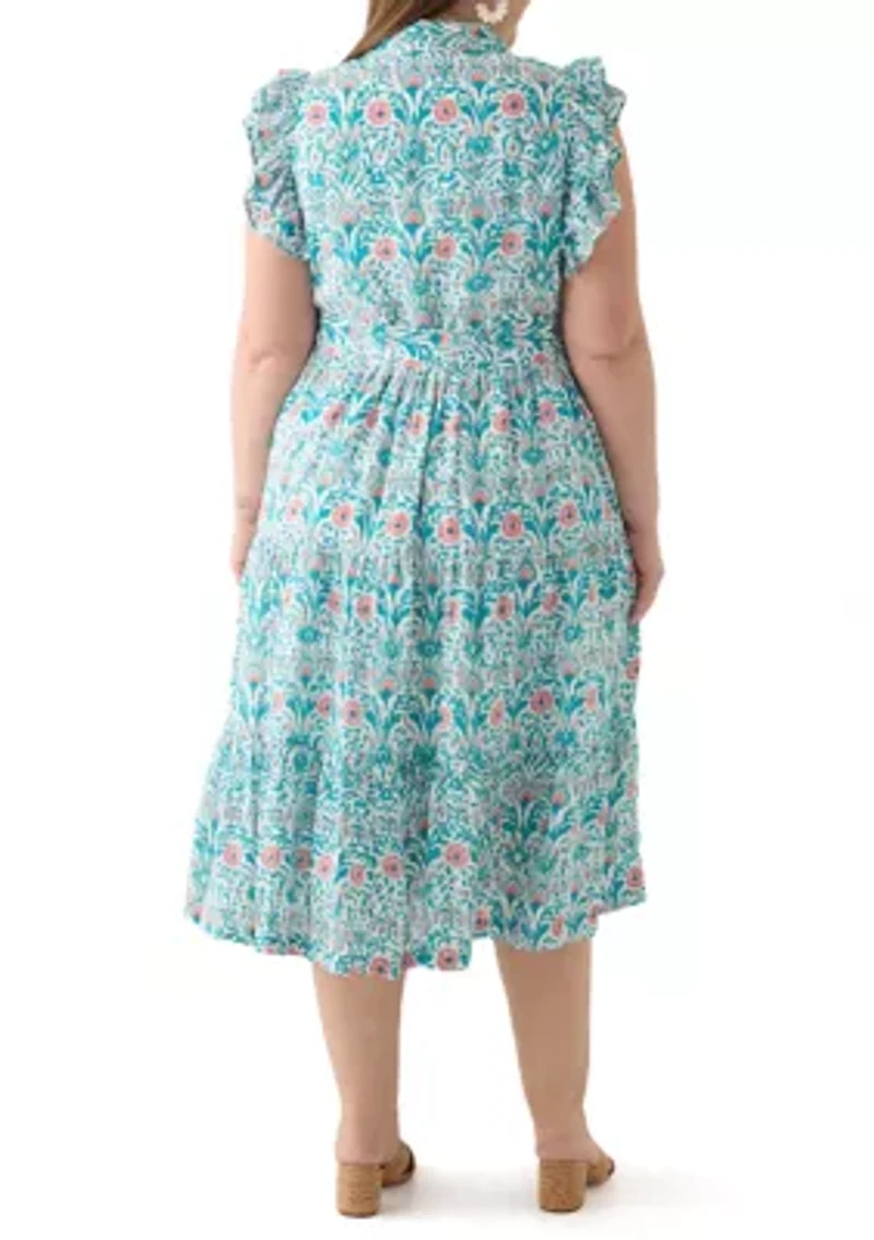 Plus Short Flutter Sleeve Printed Midi Dress