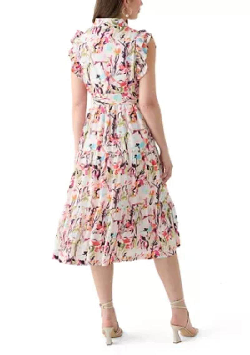 Plus Short Flutter Sleeve Printed Midi Dress