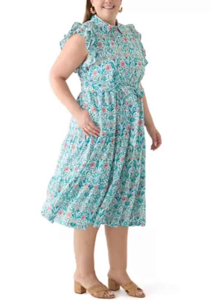 Plus Short Flutter Sleeve Printed Midi Dress