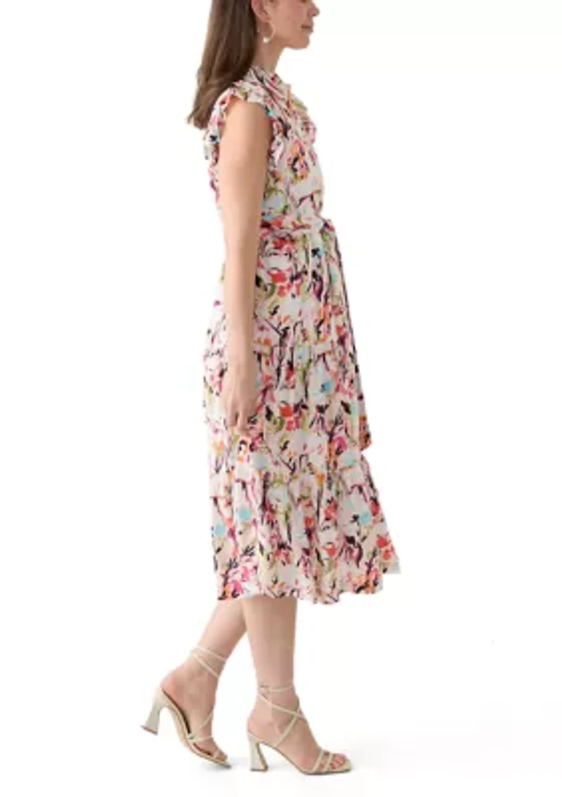 Plus Short Flutter Sleeve Printed Midi Dress