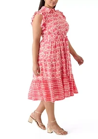Plus Short Flutter Sleeve Printed Midi Dress
