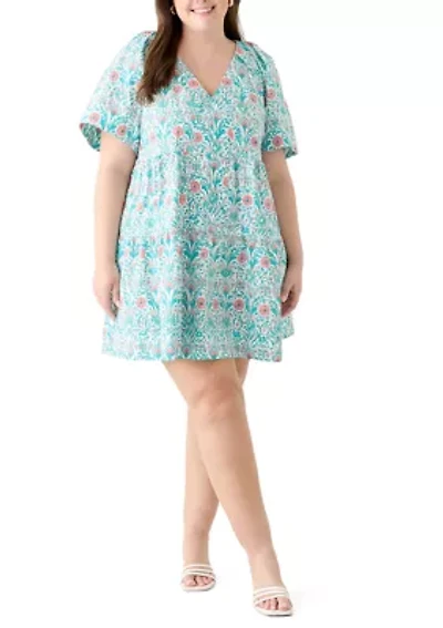 Plus Pleated Shoulder Printed Dress
