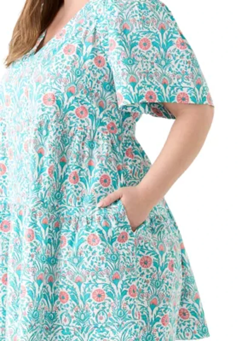 Plus Pleated Shoulder Printed Dress