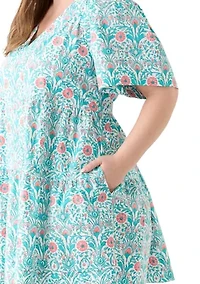 Plus Pleated Shoulder Printed Dress
