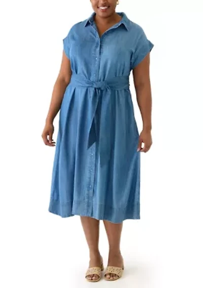 Plus Short Sleeve Dolman Belted Midi Shirtdress