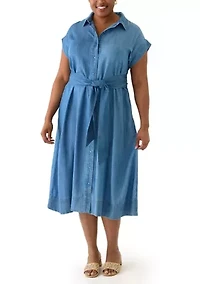 Plus Short Sleeve Dolman Belted Midi Shirtdress