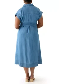 Plus Short Sleeve Dolman Belted Midi Shirtdress