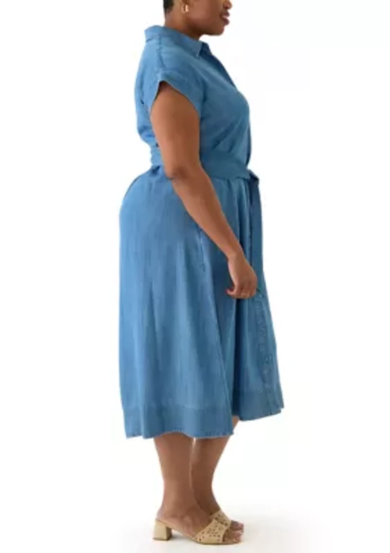 Plus Short Sleeve Dolman Belted Midi Shirtdress