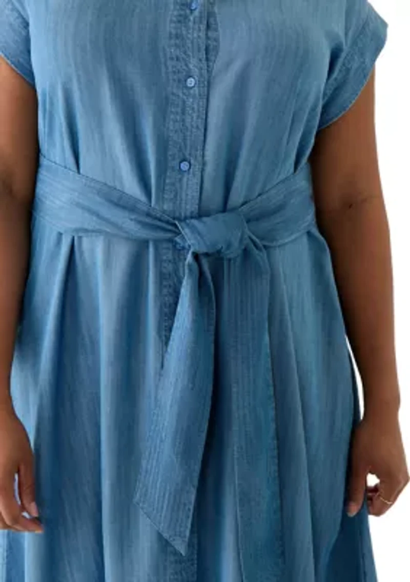 Plus Short Sleeve Dolman Belted Midi Shirtdress