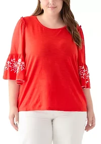 Plus Embroidered Bell Sleeve Top