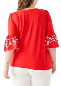 Plus Embroidered Bell Sleeve Top