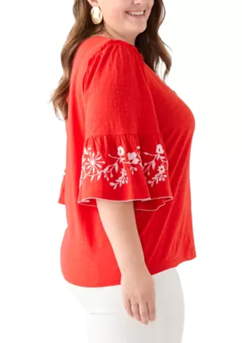 Plus Embroidered Bell Sleeve Top