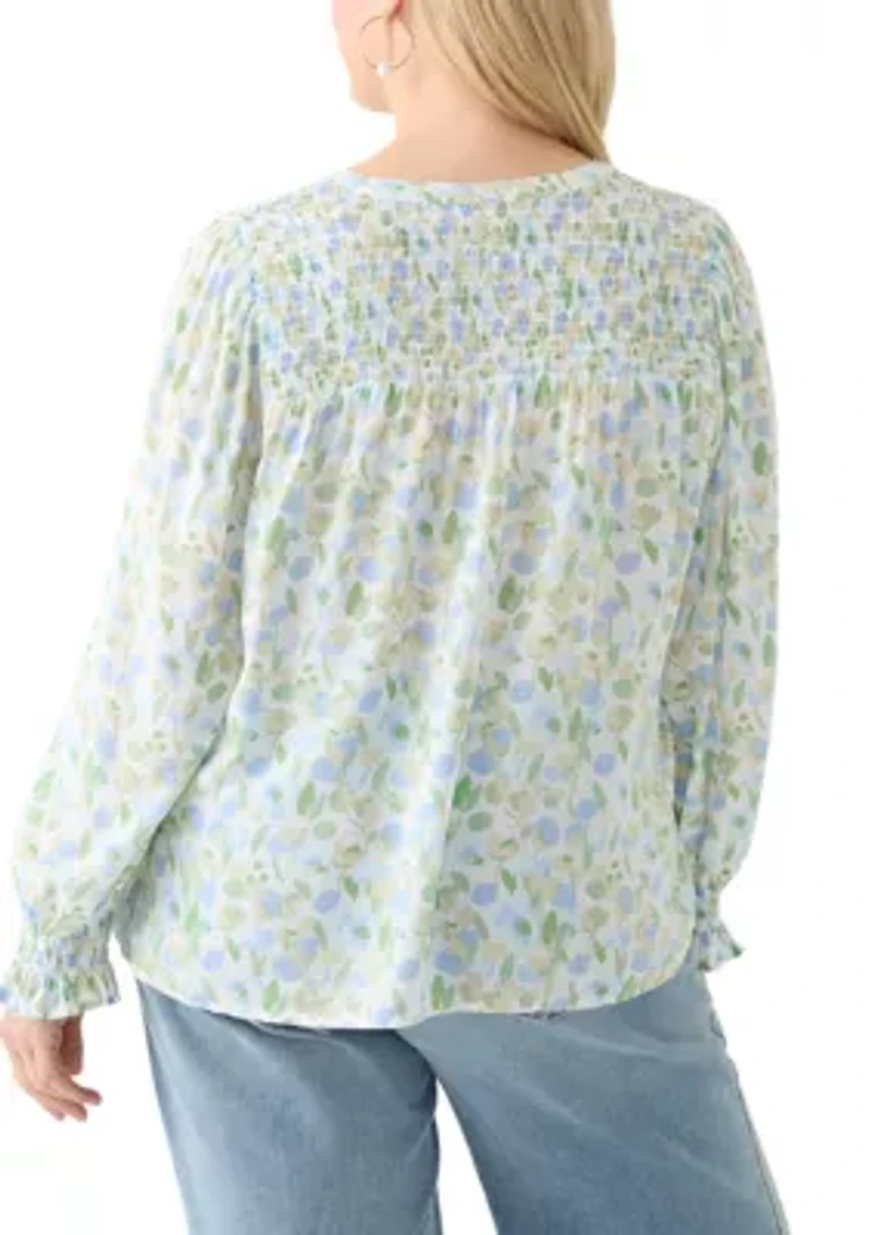 Plus Long Sleeve Smocked Button Up Shirt