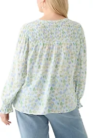 Plus Long Sleeve Smocked Button Up Shirt