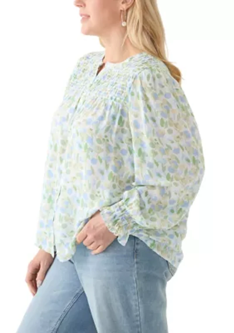 Plus Long Sleeve Smocked Button Up Shirt