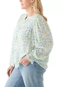 Plus Long Sleeve Smocked Button Up Shirt