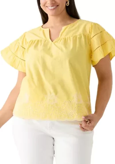 Plus Flutter Sleeve Embroidered Hem Top