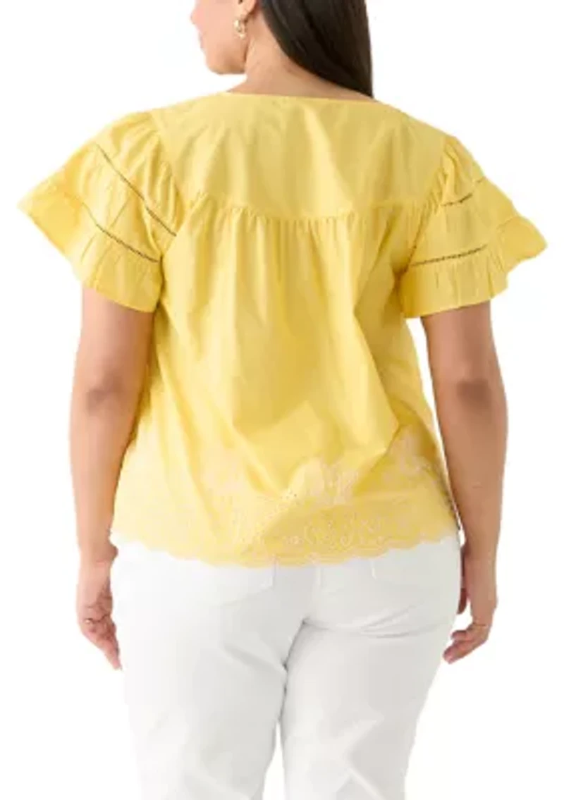 Plus Flutter Sleeve Embroidered Hem Top
