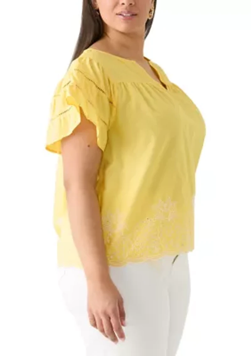 Plus Flutter Sleeve Embroidered Hem Top