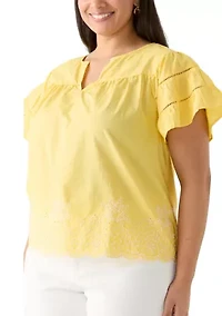 Plus Flutter Sleeve Embroidered Hem Top