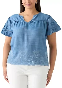 Plus Short Sleeve Embroidered Hem Top