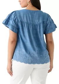 Plus Short Sleeve Embroidered Hem Top