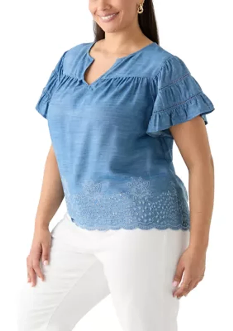 Plus Short Sleeve Embroidered Hem Top