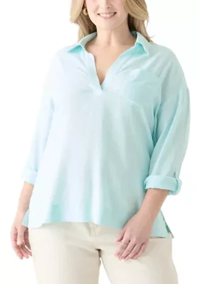 Plus Long Drop Shoulder Sleeve Popover Shirt