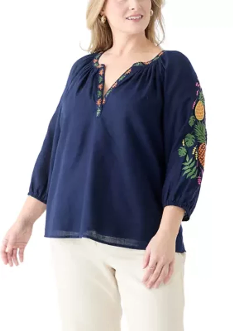 Plus Embroidered Sleeve Blouse