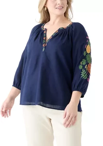 Plus Embroidered Sleeve Blouse