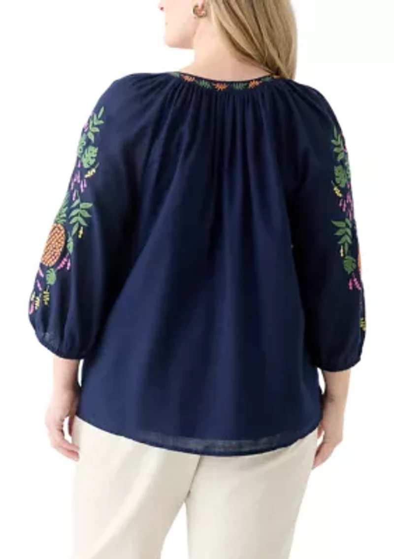 Plus Embroidered Sleeve Blouse