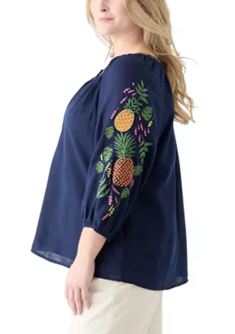 Plus Embroidered Sleeve Blouse