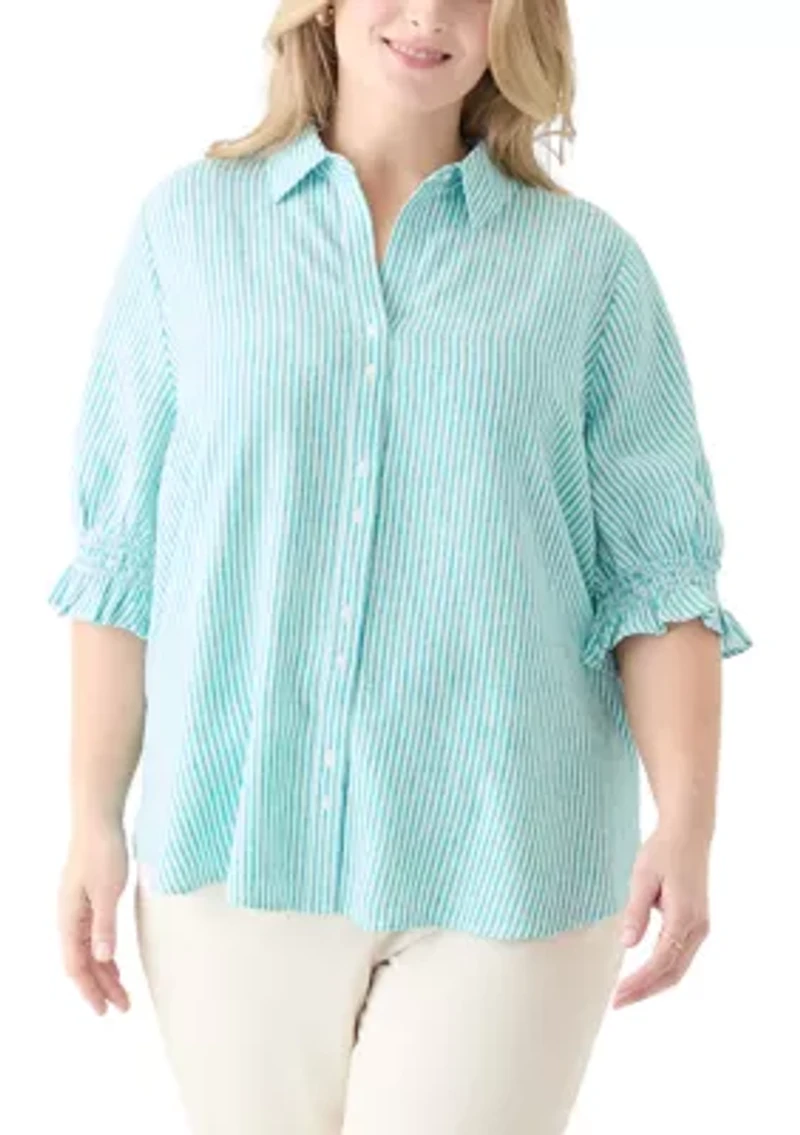 Plus Linen-Blend Button Down Shirt