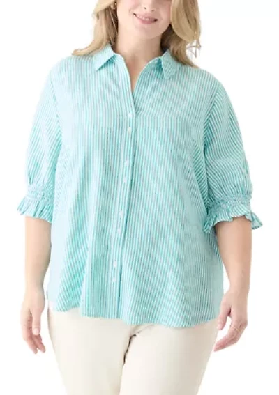 Plus Linen-Blend Button Down Shirt