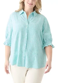Plus Linen-Blend Button Down Shirt
